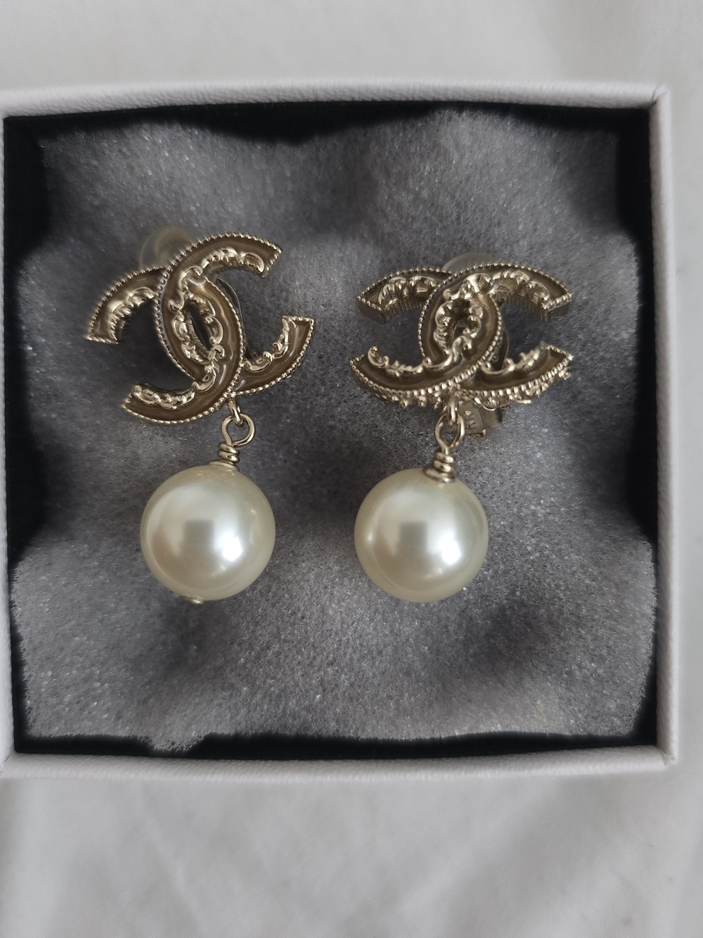 CHANEL Gold-Tone CC Logo Pearl Drop Earrings